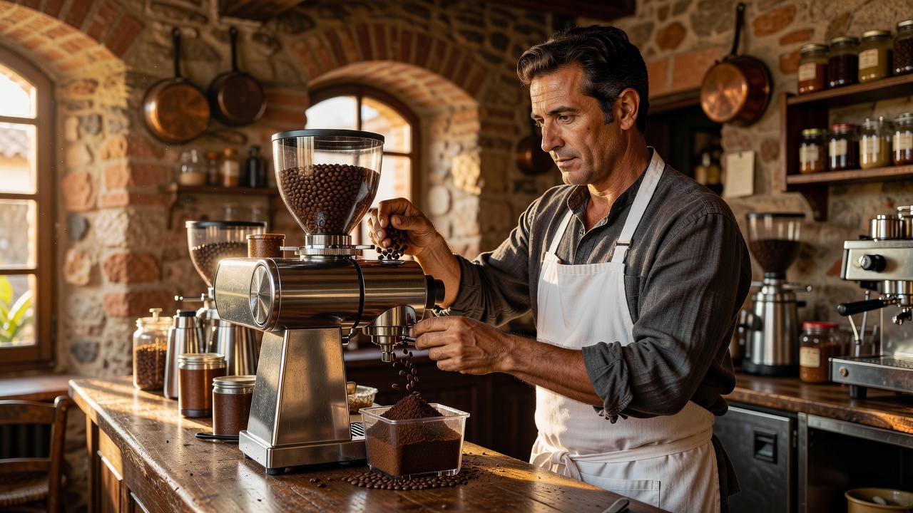 Barista grinding coffee